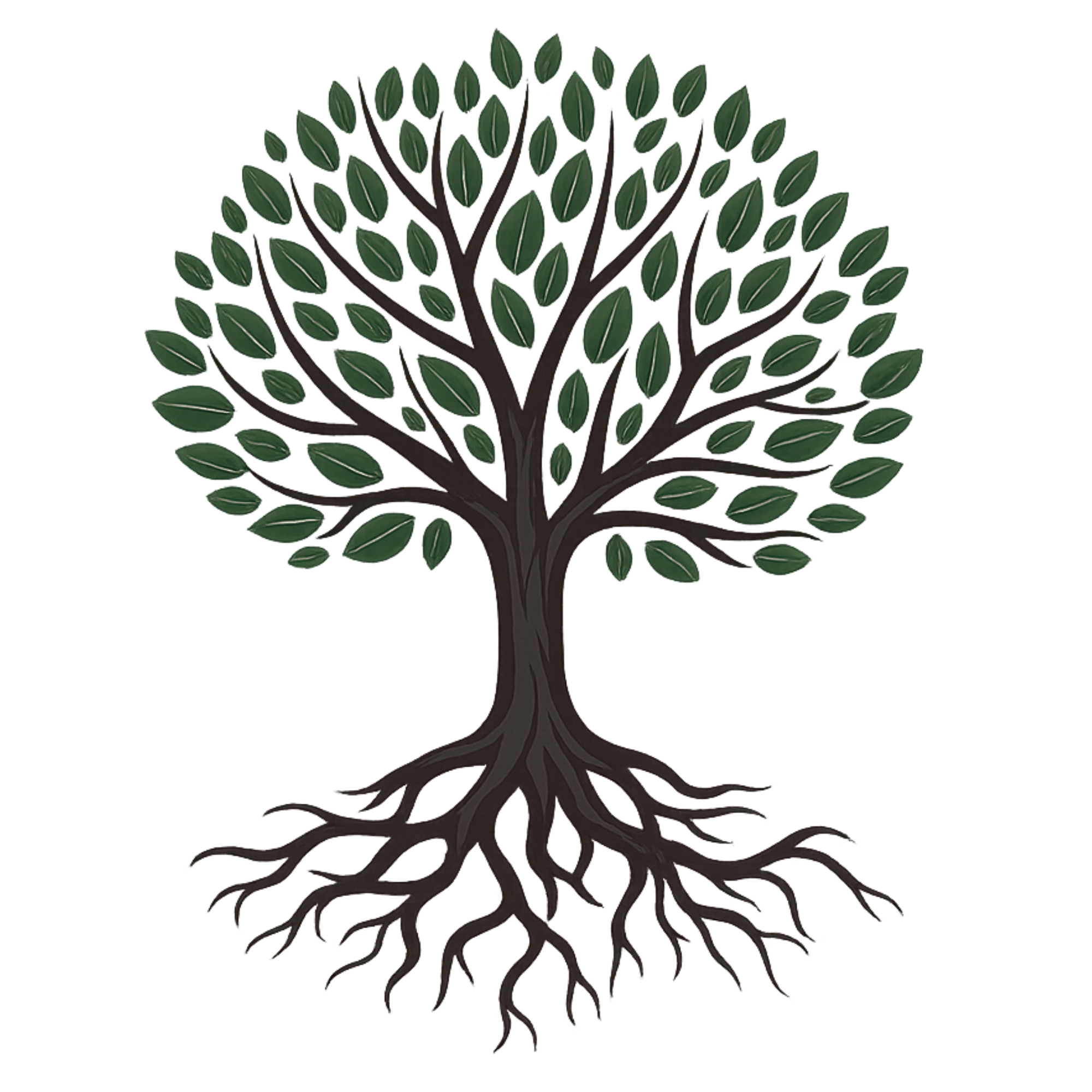 Graphic of a tree with green leaves, brown trunk and limbs, with roots exposed.